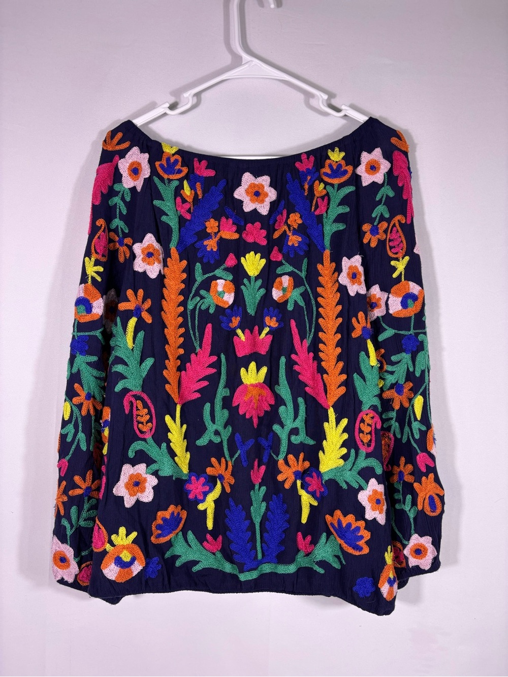 Soft Surroundings Embroidered Peasant Blouse Navy Floral Boho XL - Picture 2 of 8